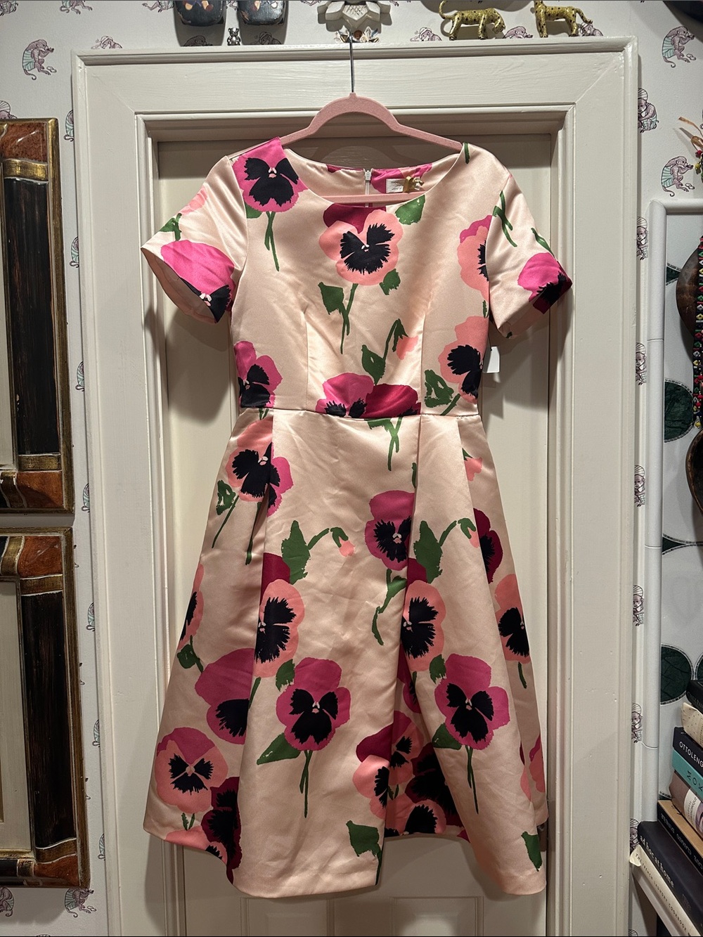 Pink Floral Fit & Flare Dress with Green Accents
